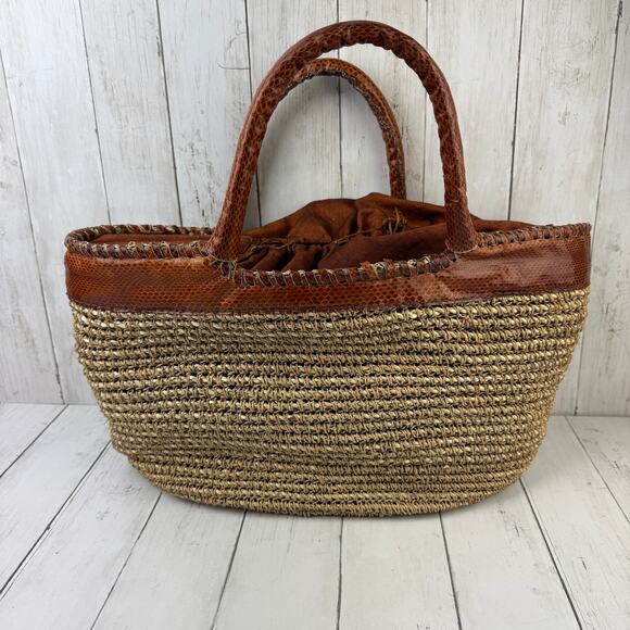 VTG Beirn Brown Cotton Raffia and Leather Trim Shoulder Tote Bag Hand Made - Picture 2 of 15